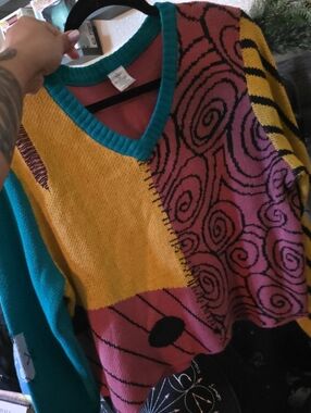 Disney Multicolor V-Neck Patchwork Sweater - Teal, Mustard, Pink, Purple, Black